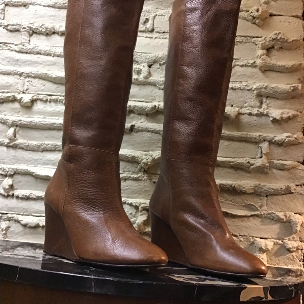 Whisky tan high boot, wedge heel, slip on, leather